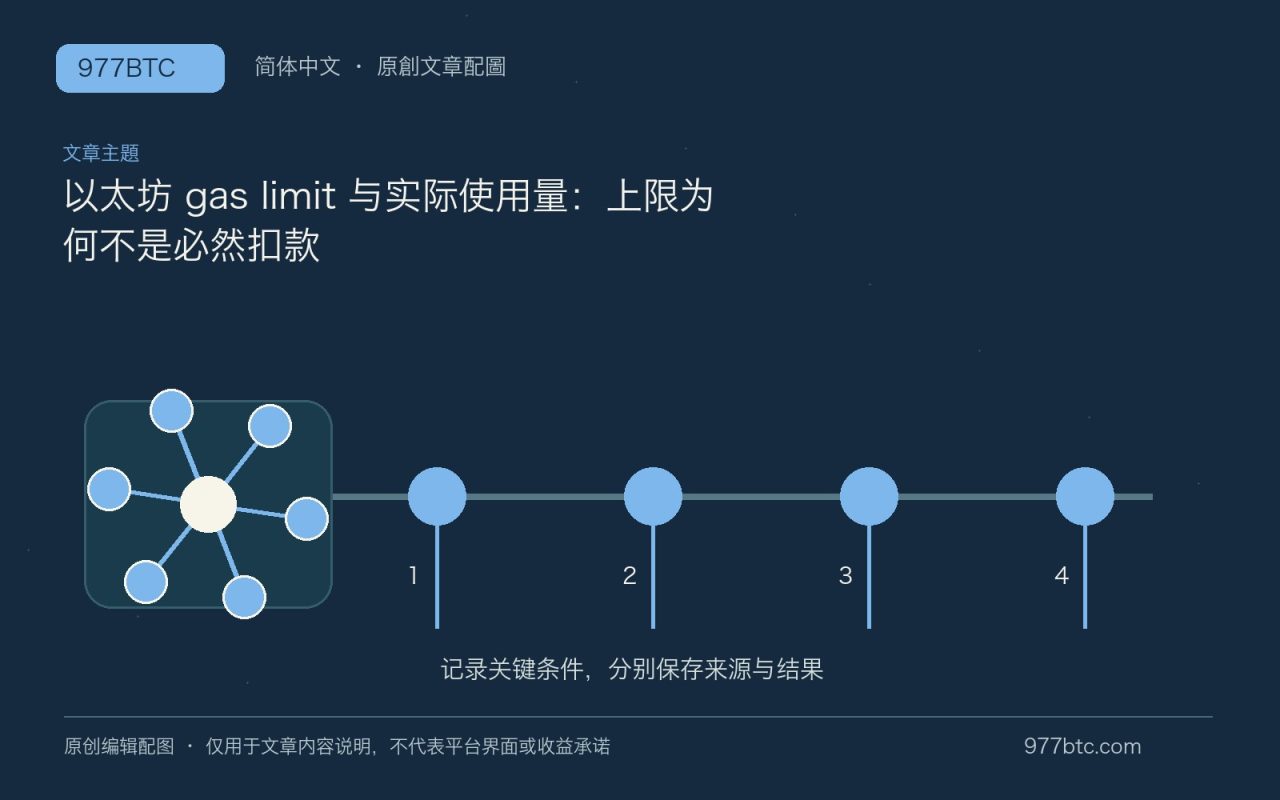 以太坊 gas limit 与实际使用量：上限为何不是必然扣款；本文独立主题示意配图