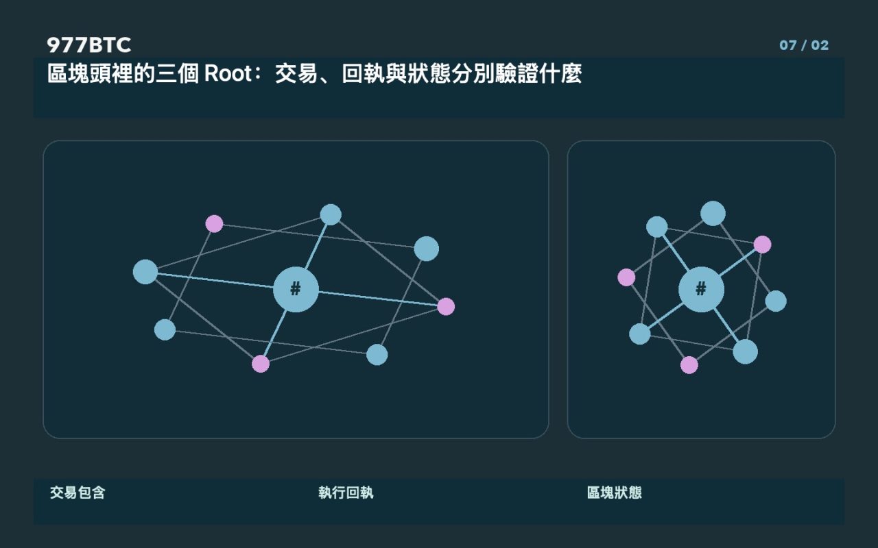 區塊頭裡的三個 Root：交易、回執與狀態分別驗證什麼