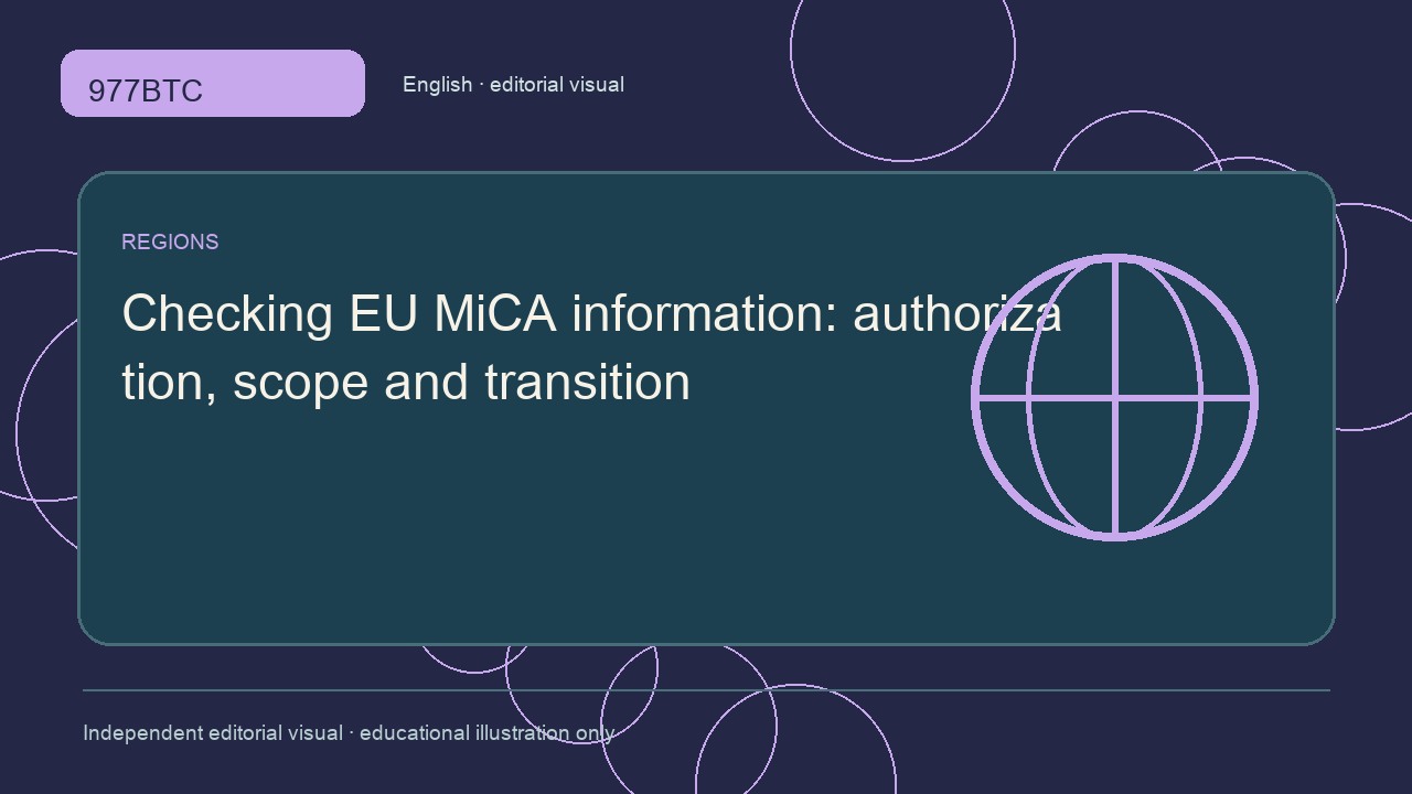 Checking EU MiCA information: authorization, scope and transition; independent editorial visual
