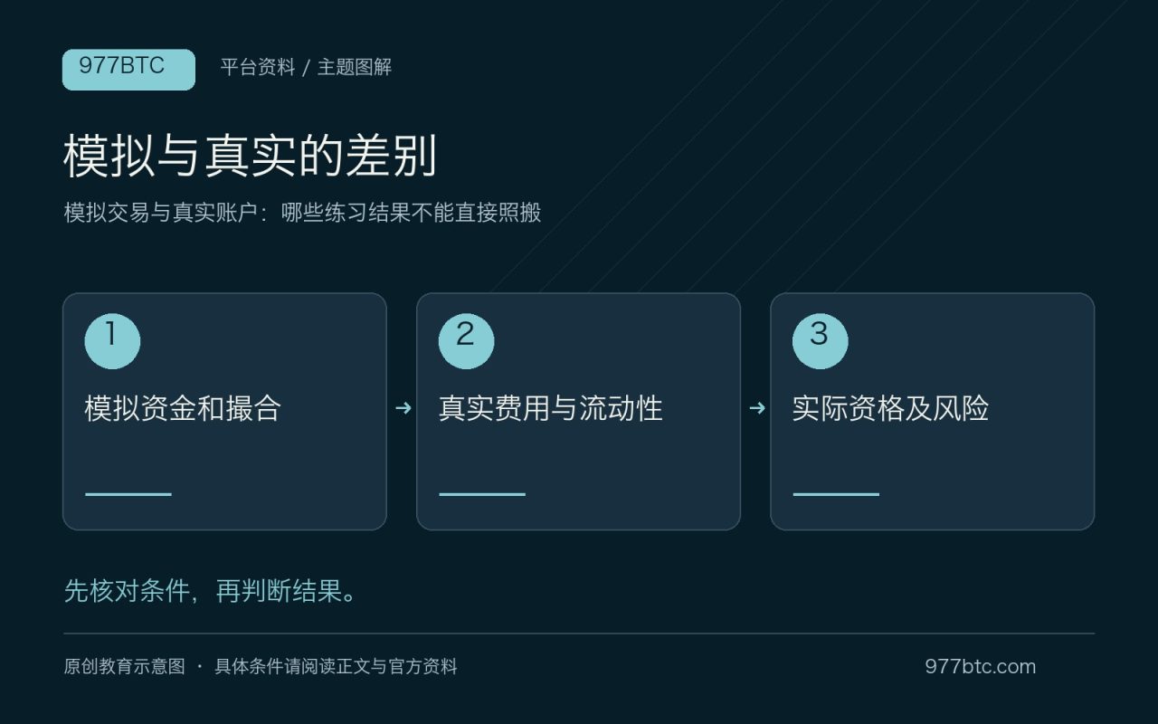 模拟与真实的差别：模拟资金和撮合；真实费用与流动性；实际资格及风险