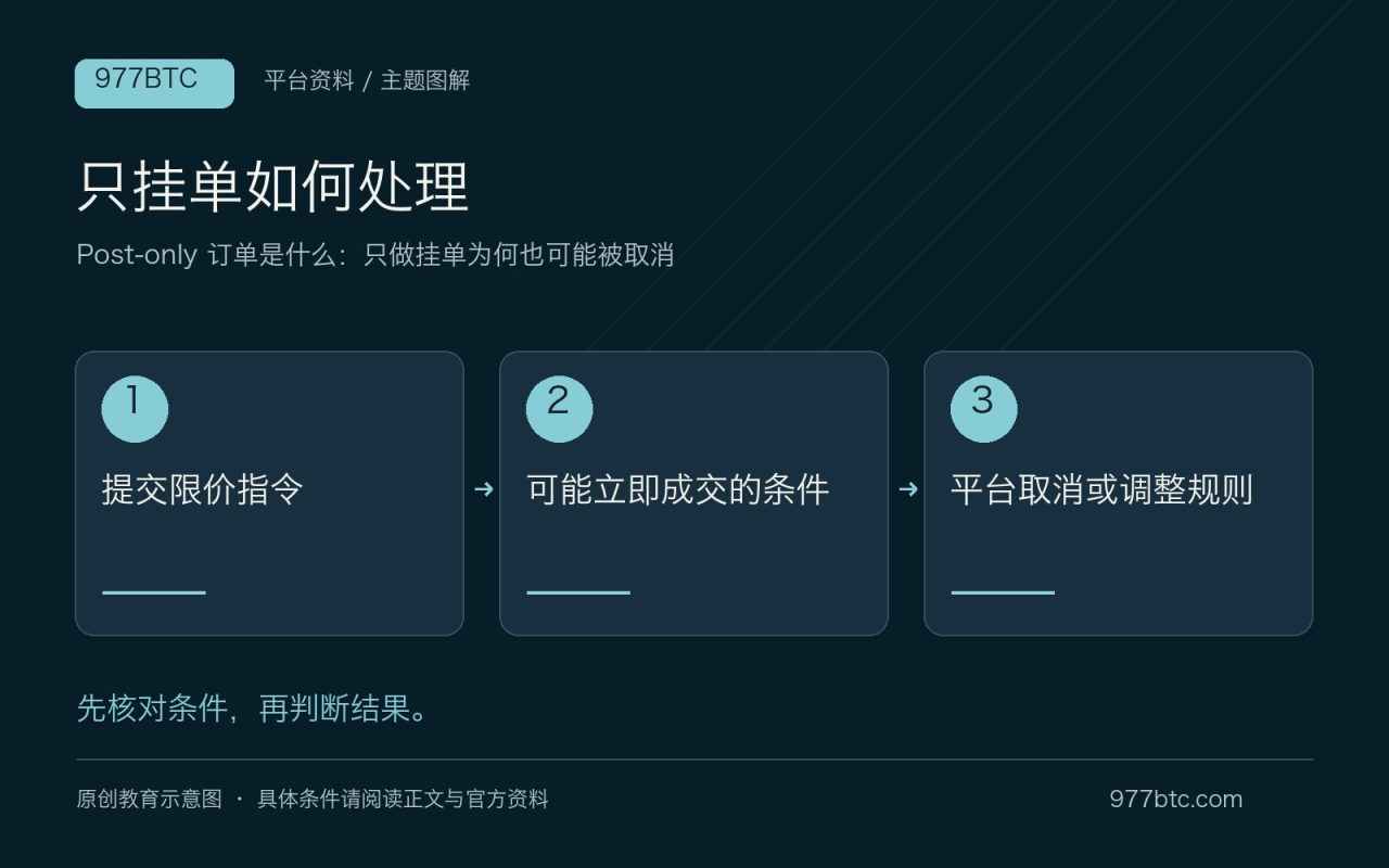 只挂单如何处理：提交限价指令；可能立即成交的条件；平台取消或调整规则