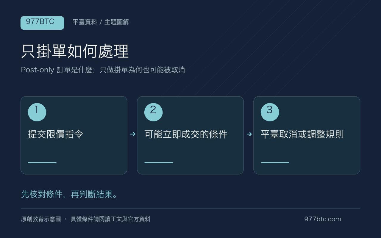 只掛單如何處理：提交限價指令；可能立即成交的條件；平臺取消或調整規則