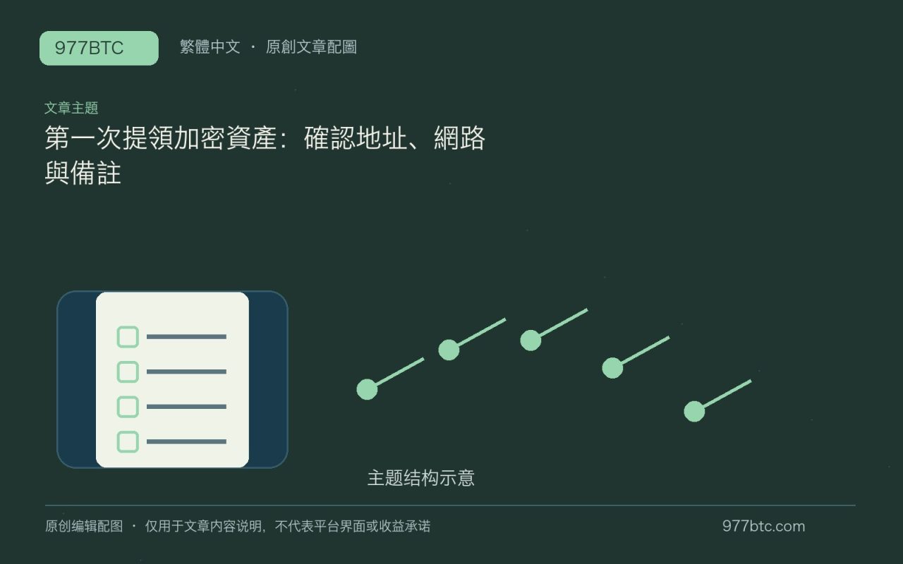 第一次提領加密資產：確認地址、網路與備註；本文獨立主題示意配圖