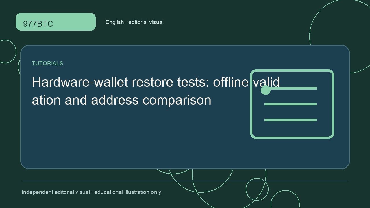 Hardware-wallet restore tests: offline validation and address comparison; independent editorial visual