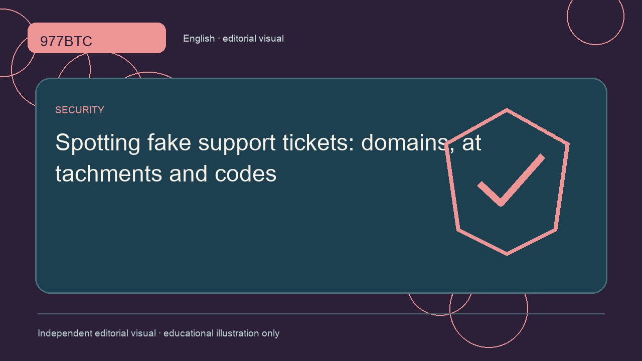 Spotting fake support tickets: domains, attachments and codes; independent editorial visual
