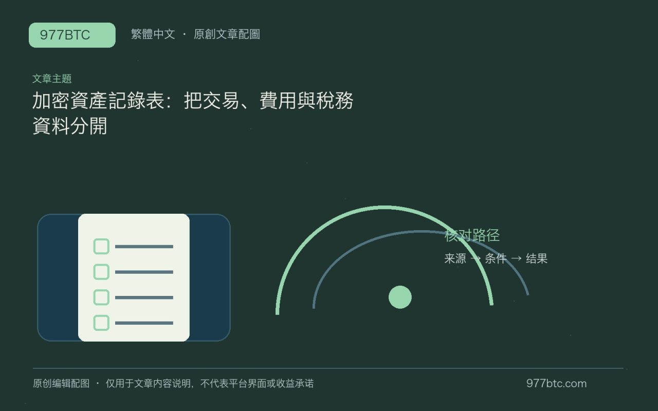 加密資產記錄表：把交易、費用與稅務資料分開；本文獨立主題示意配圖