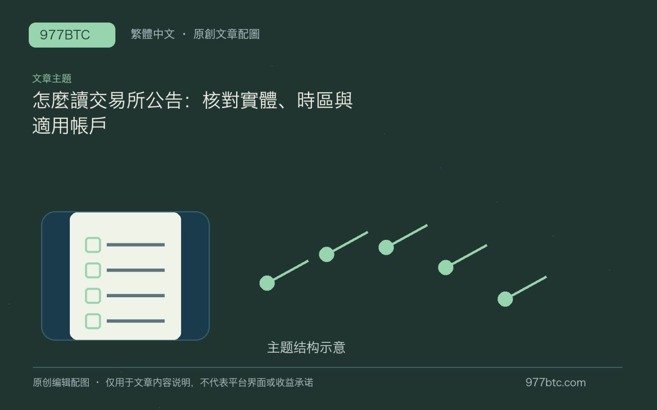 怎麼讀交易所公告：核對實體、時區與適用帳戶；本文獨立主題示意配圖