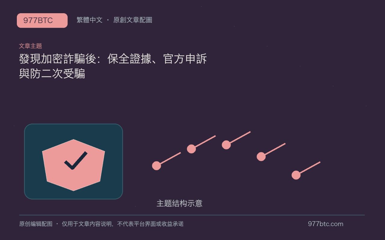 發現加密詐騙後：保全證據、官方申訴與防二次受騙；本文獨立主題示意配圖