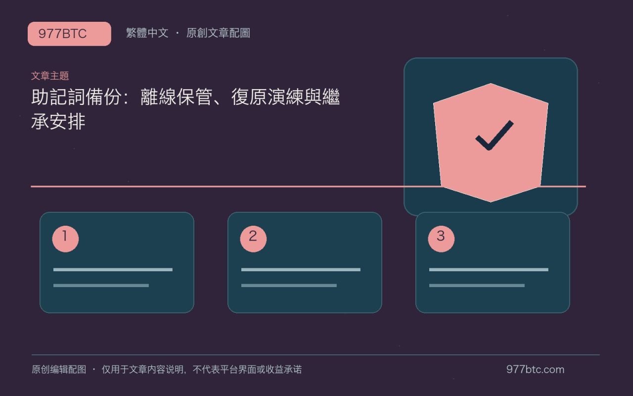 助記詞備份：離線保管、復原演練與繼承安排；本文獨立主題示意配圖