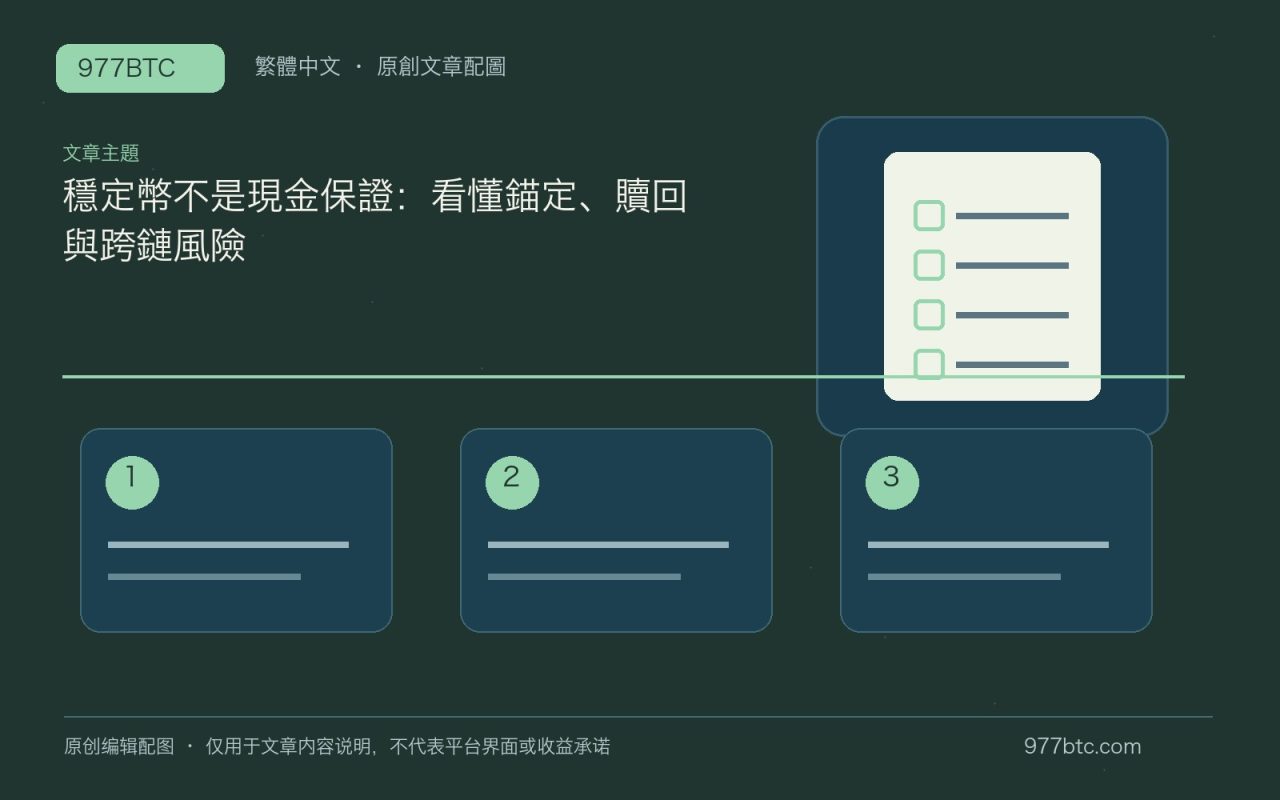 穩定幣不是現金保證：看懂錨定、贖回與跨鏈風險；本文獨立主題示意配圖