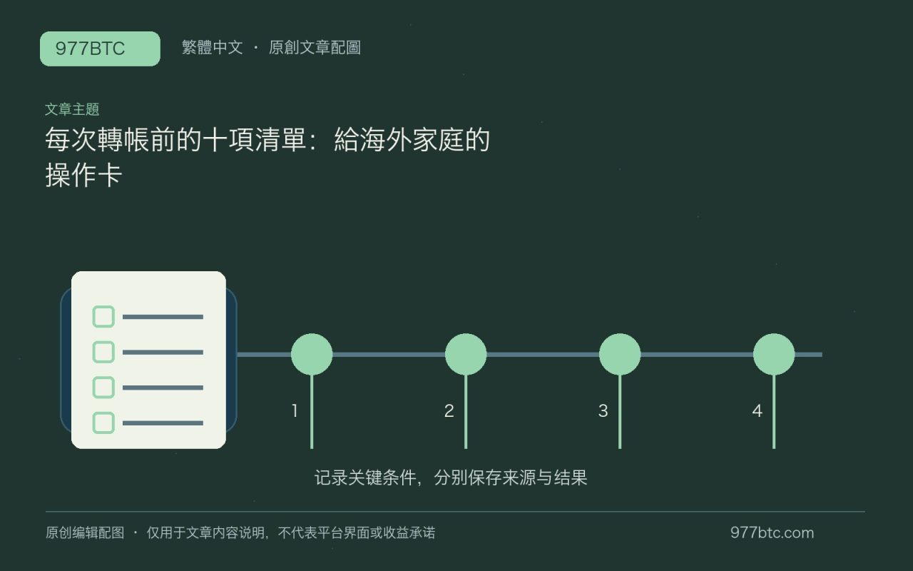 每次轉帳前的十項清單：給海外家庭的操作卡；本文獨立主題示意配圖