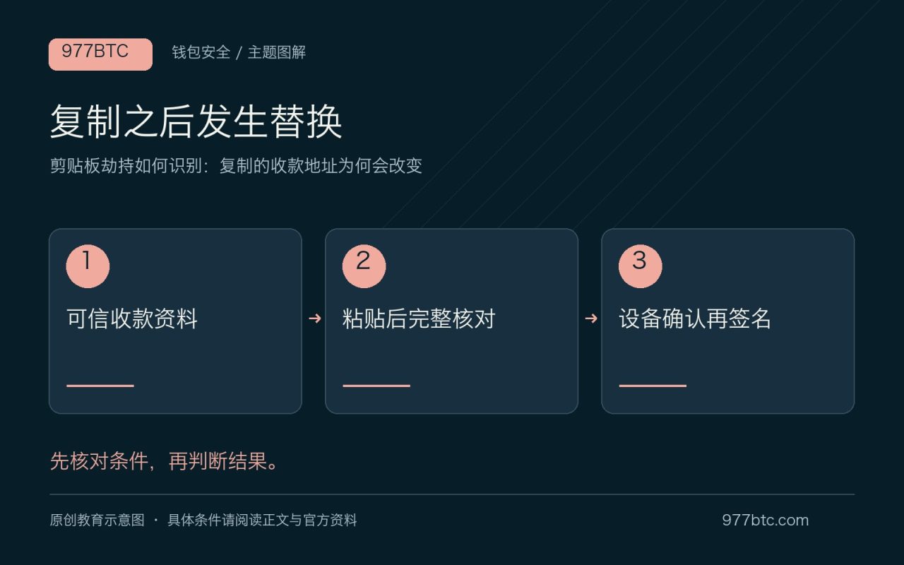 复制之后发生替换：可信收款资料；粘贴后完整核对；设备确认再签名