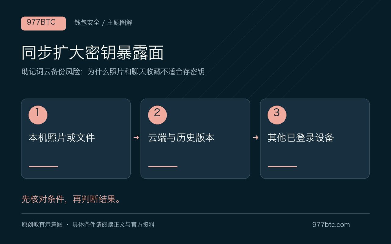 同步扩大密钥暴露面：本机照片或文件；云端与历史版本；其他已登录设备