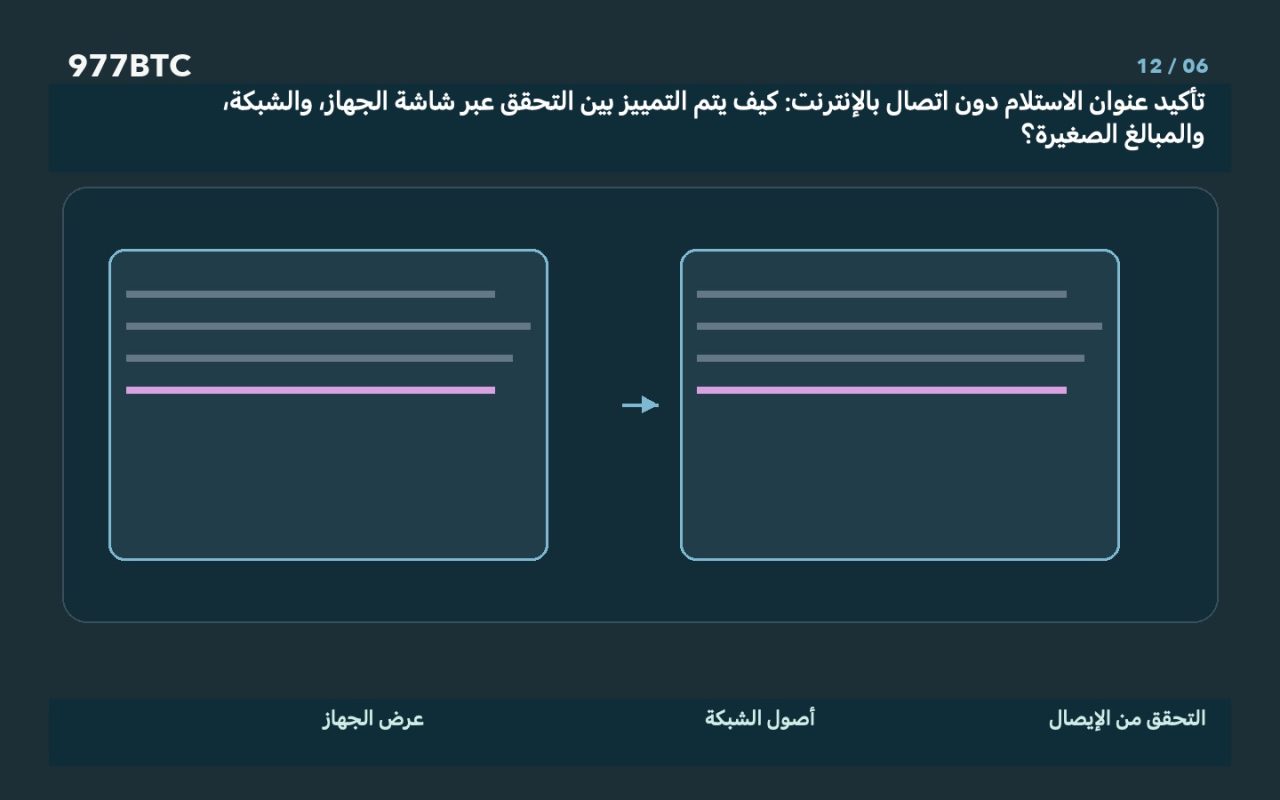 تأكيد عنوان الاستلام دون اتصال بالإنترنت: كيف يتم التمييز بين التحقق عبر شاشة الجهاز، والشبكة، والمبالغ الصغيرة؟