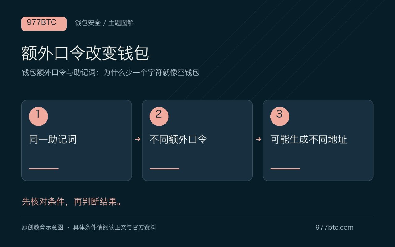 额外口令改变钱包：同一助记词；不同额外口令；可能生成不同地址