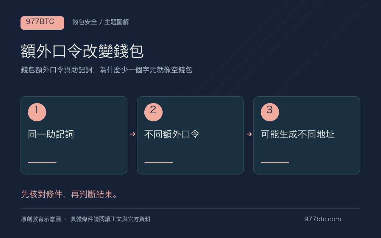 額外口令改變錢包：同一助記詞；不同額外口令；可能生成不同地址