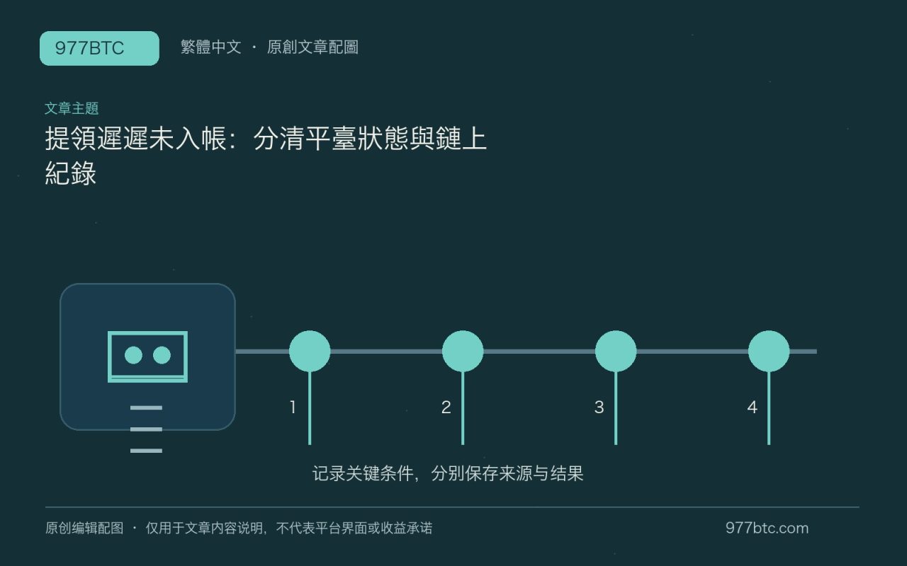 提領遲遲未入帳：分清平臺狀態與鏈上紀錄；本文獨立主題示意配圖